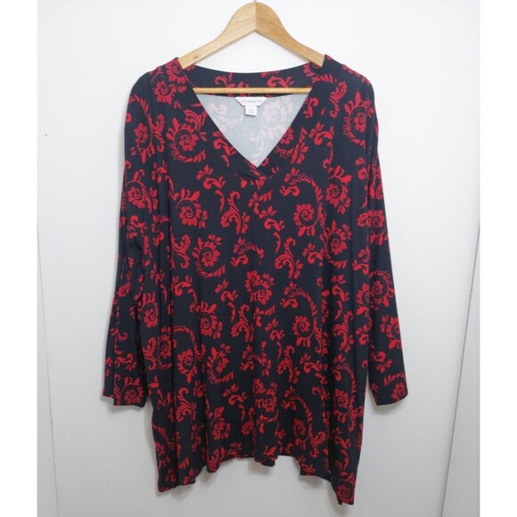 Liz Claiborne Plus Women's Size 3X Blouse  V Neck 3/4 Sleeve Black Red - Picture 2 of 13